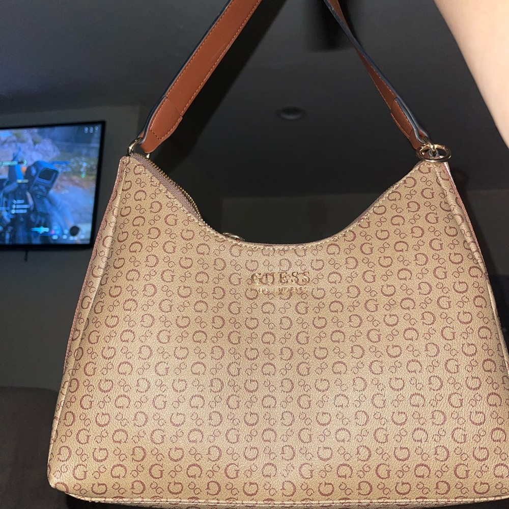 Guess Tan and Brown Patterned Shoulder Bag